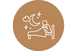 ベッドで布団にくるまりながら座る人物を描いた、就寝や安静を表すシンプルなアイコン